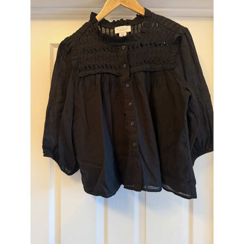 Calypso St Barth Blouse Womens Medium Black Eyelet Lace Ruffle Button Front Top